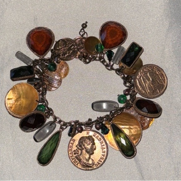 Coin Charm Bracelet, Pendant and Earrings Mixed Media, Jewels, Rhinestones - Picture 10 of 16